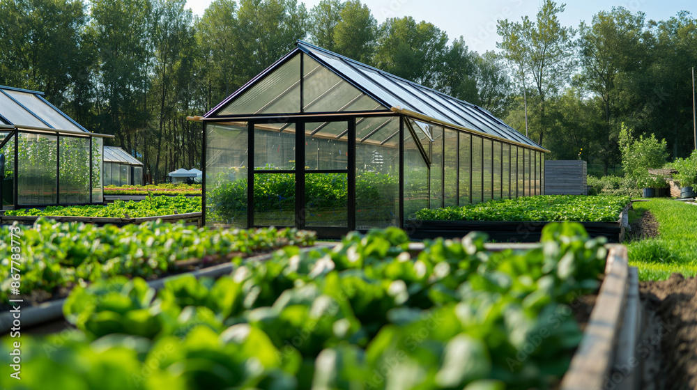 Sleek glass greenhouse structure with a minimalist design, filled with lush, hydroponically-grown vegetables, highlighting sustainability and efficiency Sleek glass greenhouse structure with a minimalist design, filled with lush, hydroponically-grown vegetables, highlighting sustainability and efficiency