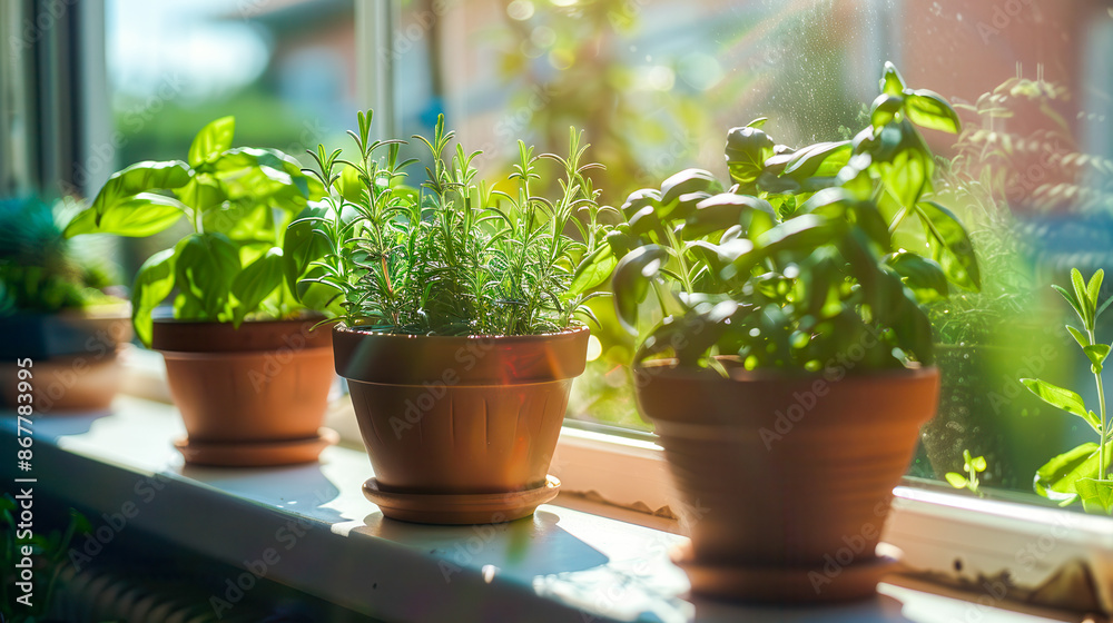 An herb garden on a sunny windowsill, displaying basil, rosemary and mint in small terracotta pots. An herb garden on a sunny windowsill, displaying basil, rosemary and mint in small terracotta pots.