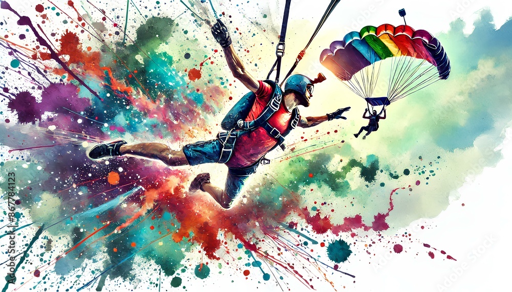 Obraz premium A vibrant watercolor of an athlete skydiving, with colorful splashes and dynamic motion in a wide frame.