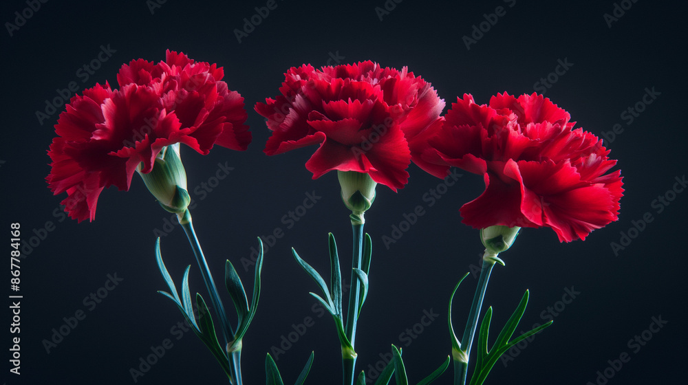 Fototapeta premium Red Carnations on Black Background with Dramatic Lighting, Red Carnation Day
