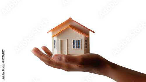 Person's hand displaying a small house isolated on a transparent background
