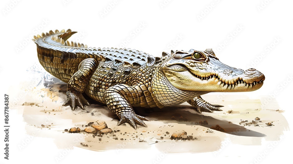 Fototapeta premium Crawling Crocodile: A detailed illustration of a crocodile crawling with a white background and ample copy space, professional use of colors and proportions, sharp focus, clear light, high clarity,