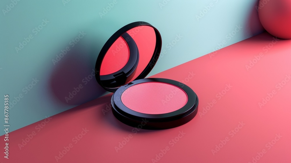 Open Blush Compact on Red and Blue Background Open Blush Compact on Red and Blue Background