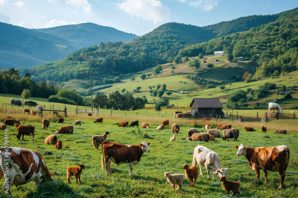 animals on the farm. Various animals graze on a green meadow animals on the farm. Various animals graze on a green meadow