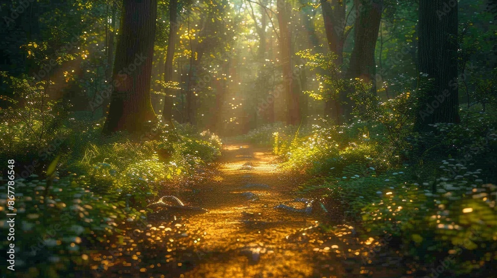 Obraz premium Sunlit Forest Path with Magical Light Effects - Generative AI