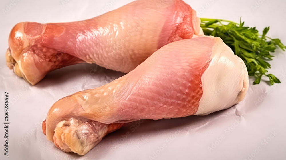 Savory indulgence, Chicken legs adorned with herbs on a white isolated background Savory indulgence, Chicken legs adorned with herbs on a white isolated background