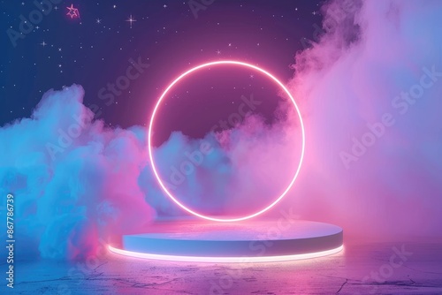 Circular Podium With Pink Neon Light Ring Against a Blue and Pink Gradient Background © DreamStock