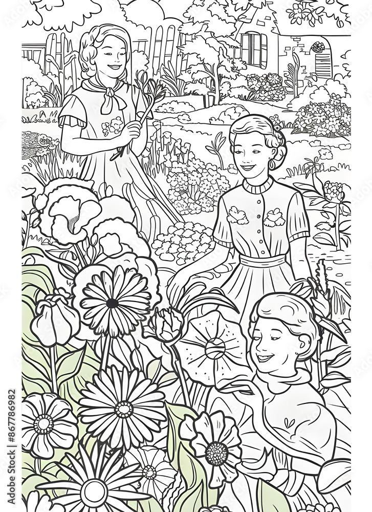Adult coloring page Women in garden with flower outline floral them for coloring page Adult coloring page Women in garden with flower outline floral them for coloring page