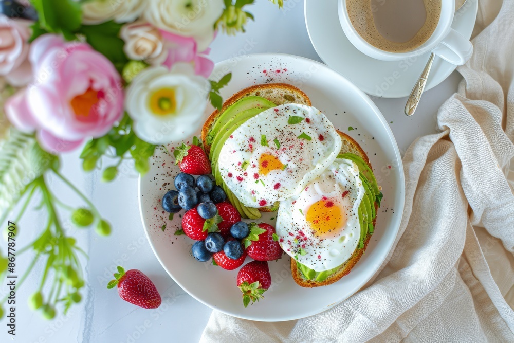Avocado Toast Breakfast with Coffee on a background of fuzzy flowers. Avocado Toast Breakfast with Coffee on a background of fuzzy flowers.