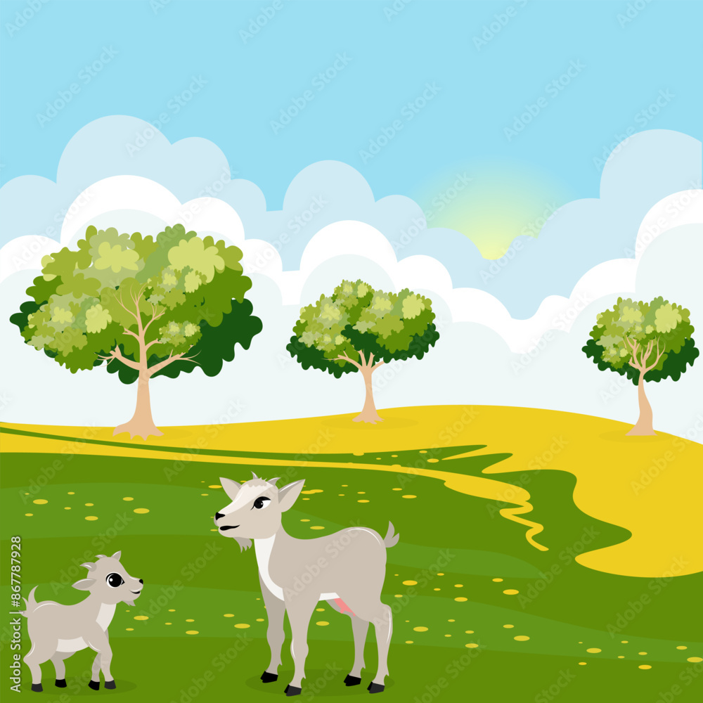 Domestic farm animal. Goats and a kid in the meadow. Landscape with trees. Rural hills. Scenery. Beautiful view. Summer.