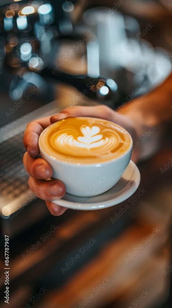 Creating a cappuccino: The artistic touch of a barista on a blurry background Creating a cappuccino: The artistic touch of a barista on a blurry background