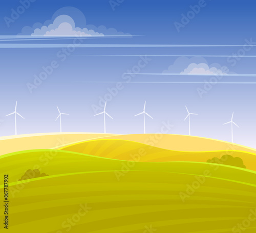 Rural hills. Wind turbines and agricultural fields. Pasture grass for cows. Scenery. Beautiful view. Summer.