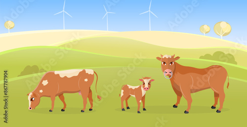 Domestic farm animal. A cow, a calf and a bull are grazing in a meadow. Rural hills. Scenery.