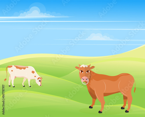 Domestic farm animal. A cow and a bull are grazing in a meadow. Rural hills. Scenery.