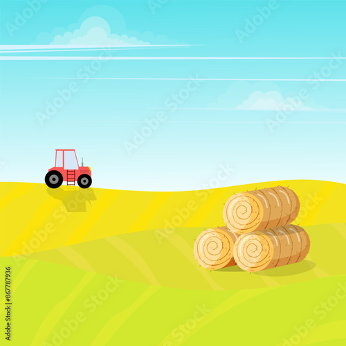 Rural hills. Farm fields, hay rolls and tractor. Pasture grass for cows. Scenery. Beautiful view. Summer.