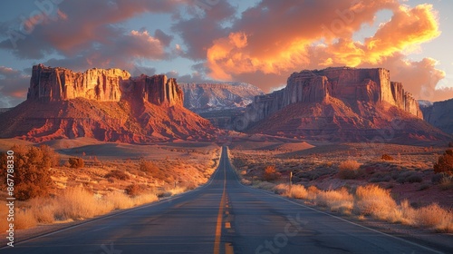Stunning Desert Highway at Sunset with Dramatic Cliffs - Generative AI photo