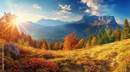 Illustration of a panoramic view of nature in autumn, mountain background. AI generated image photo