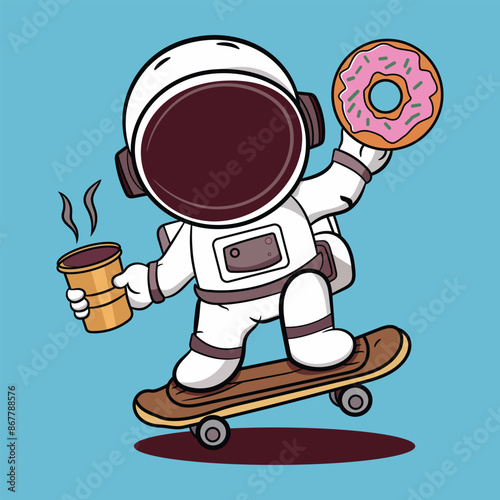 A cute astronaut playing skateboard with a cup of coffee in one hand and a donut cartoon vector icon illustration