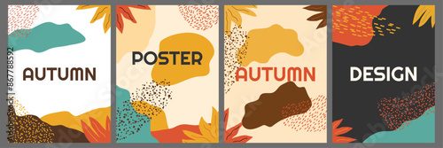 Vector illustration. Set of trendy autumn banners. Leaves, memphis pattern elements, blot shape elements. Nature scene background. Design for poster, brochure card, book or magazine cover, flyer