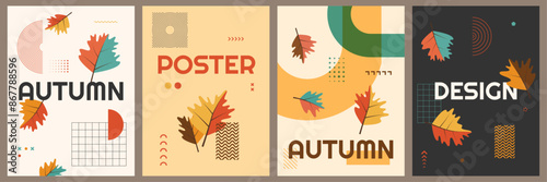 Vector illustration. Set of trendy autumn banners. Leaves, memphis pattern elements, modern typography. Foliage falling background. Design for poster, brochure card, book or magazine cover, flyer