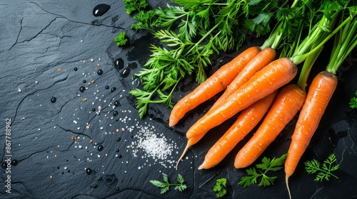 Glowing Carrots with Parsley and Sea Salt on Slate Background