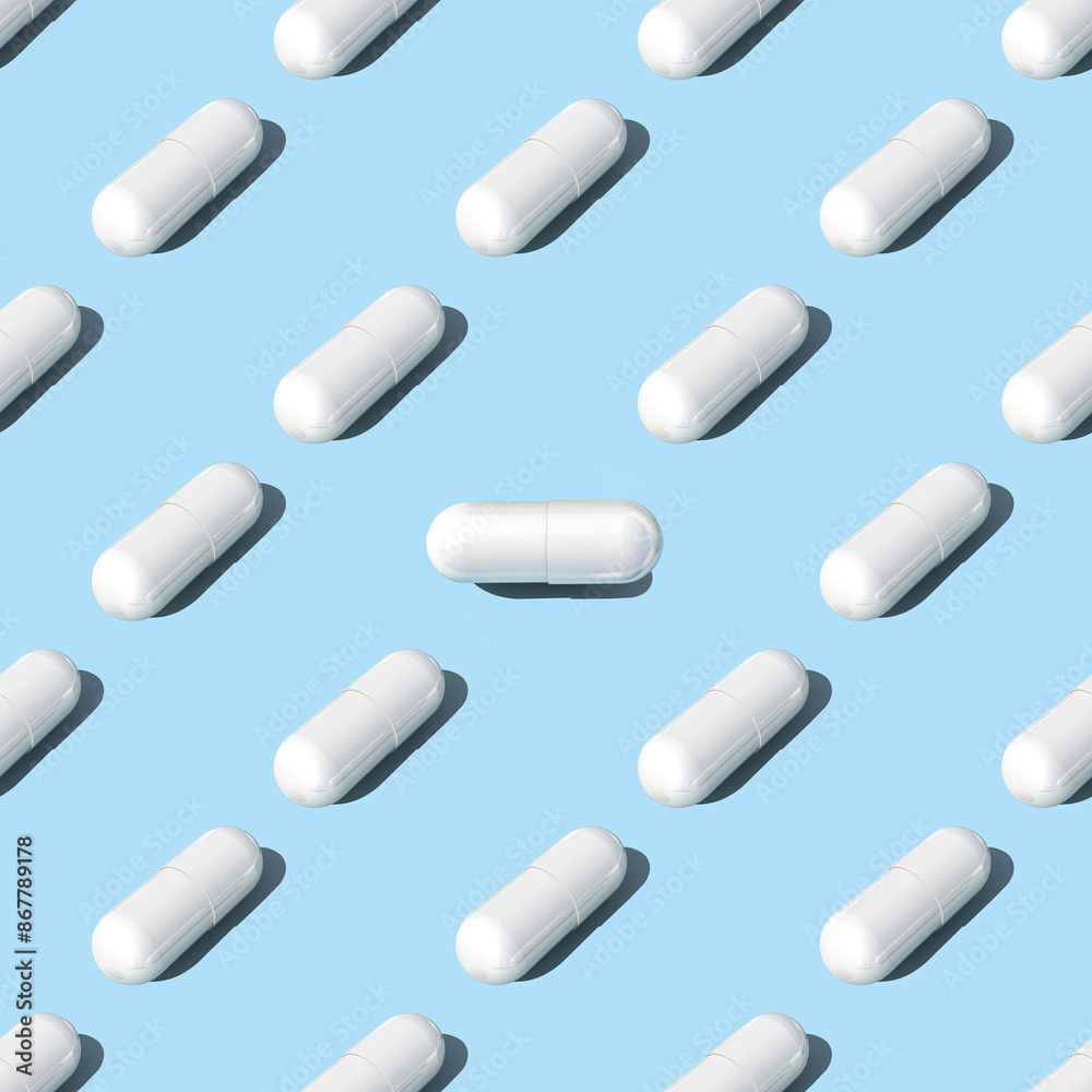 White capsule pills on blue background , Seamless pattern. Medicine concept. 3D Rendering White capsule pills on blue background , Seamless pattern. Medicine concept. 3D Rendering