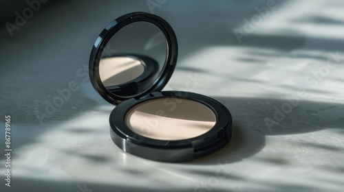 Black Compact Powder With Mirror on White Marble Surface