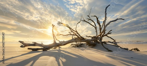 Vibrant Sky Over Driftwood on Sand Dunes