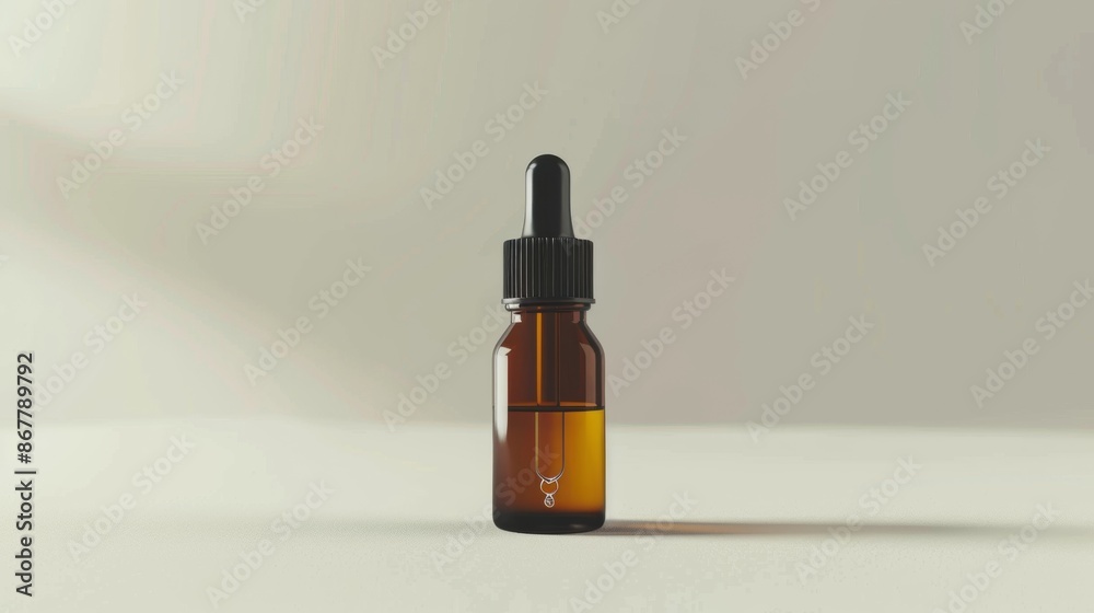 Glass Dropper Bottle With Amber Liquid on White Surface Glass Dropper Bottle With Amber Liquid on White Surface