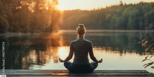 woman meditating  at lake with beautiful nature landscape of natural park at morning © QuietWord