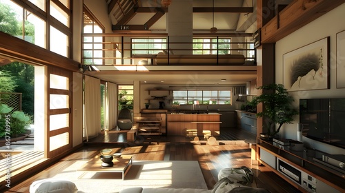 Living room and kitchen of house with high ceilings japanese house interior © Sahwa