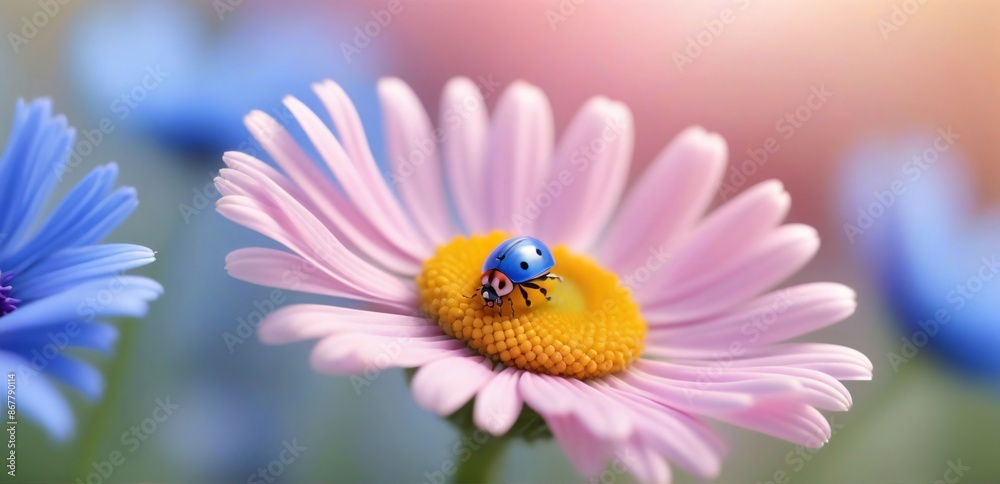 Blue ladybug standing on a beautiful pink daisy flower Blue ladybug standing on a beautiful pink daisy flower