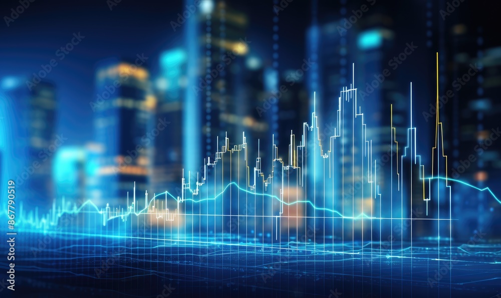 Glowing Blue Stock Market Graph with Digital Cityscape Background. Abstract Forex Chart, Financial Data, Market Summary, and Smart City Double Exposure