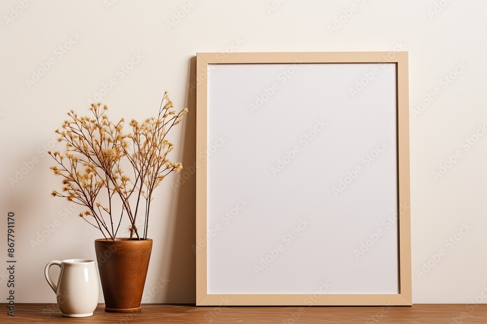 Empty Wooden Picture Frame Mockup Hanging on a Beige Wall With a Vase of Flowers Empty Wooden Picture Frame Mockup Hanging on a Beige Wall With a Vase of Flowers