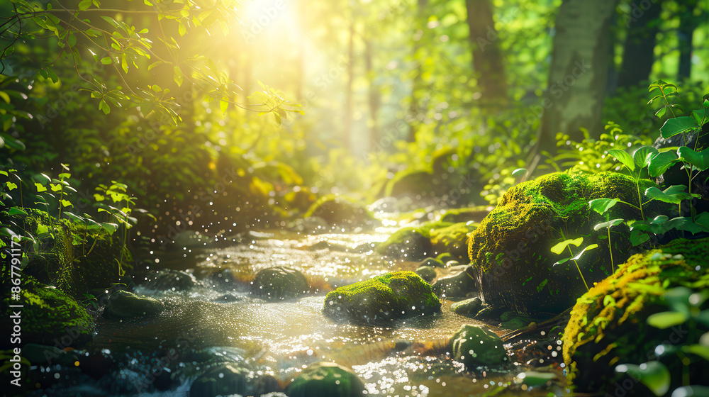 A mystical forest with vibrant green foliage, moss-covered stones and a sparkling stream flowing through it. The sun shines brightly in the background creating a magical atmosphere. A mystical forest with vibrant green foliage, moss-covered stones and a sparkling stream flowing through it. The sun shines brightly in the background creating a magical atmosphere.