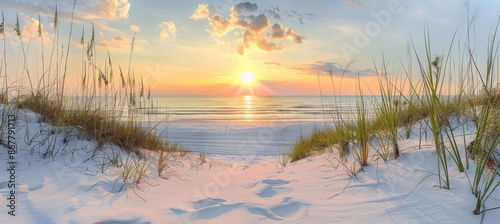 Fototapeta Naklejka Na Ścianę i Meble -  Seaside Sunset: Sand, Grass, and Ocean Waves against a blurry background of beach and sky