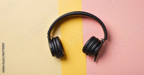 Black wireless headphones lying on colorful background photo