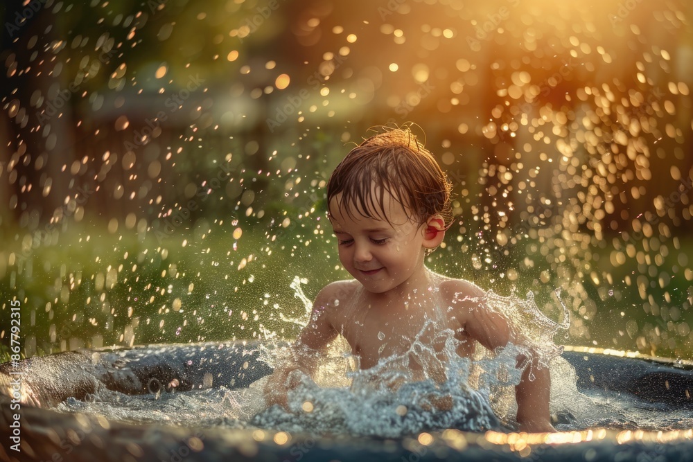 A young child plays in a pool of water, splashing and laughing in the warm summer sun. The water sparkles with sunlight, creating a joyful atmosphere A young child plays in a pool of water, splashing and laughing in the warm summer sun. The water sparkles with sunlight, creating a joyful atmosphere