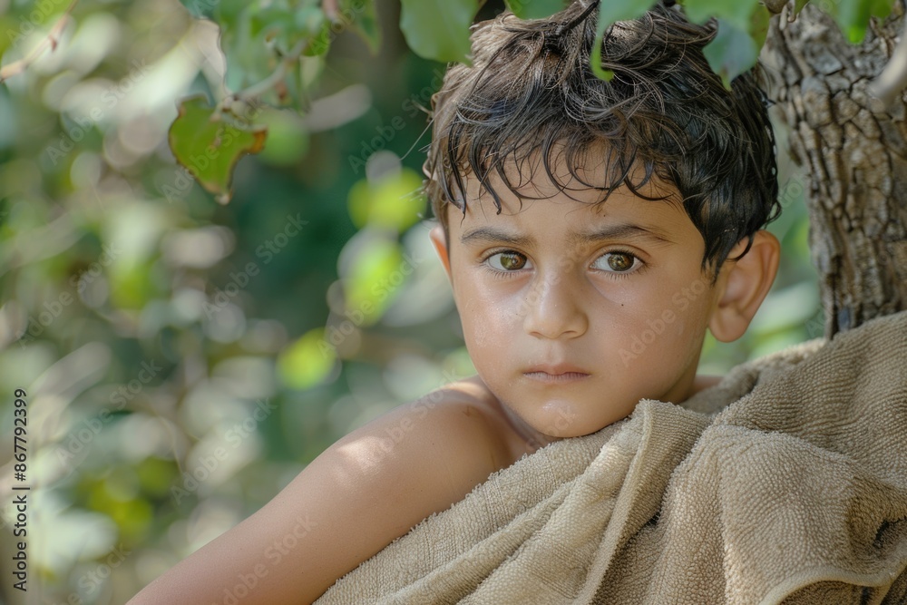 A young boy with wet hair wraps a towel around himself while standing in the shade of a tree A young boy with wet hair wraps a towel around himself while standing in the shade of a tree