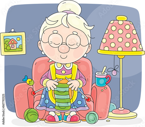 Funny grandma dozed off while knitting in her cosy armchair near a floor lamp, vector cartoon illustration on a white background