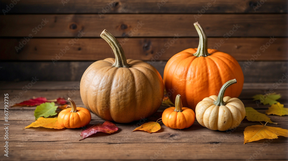 Capture Autumn's Essence: Pumpkins & Leaves on Rustic Wood Capture Autumn's Essence: Pumpkins & Leaves on Rustic Wood