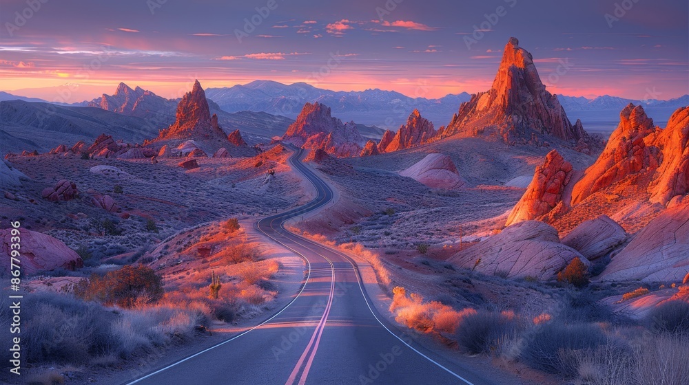 Obraz premium Sunset Road Through Majestic Red Rock Mountains - Generative AI