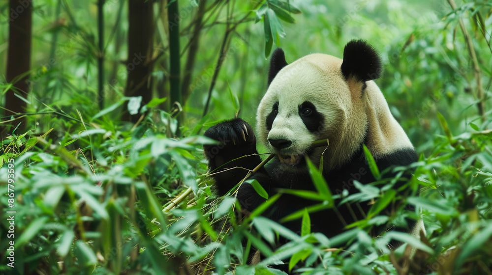 Fototapeta premium A panda eating bamboo in a forest