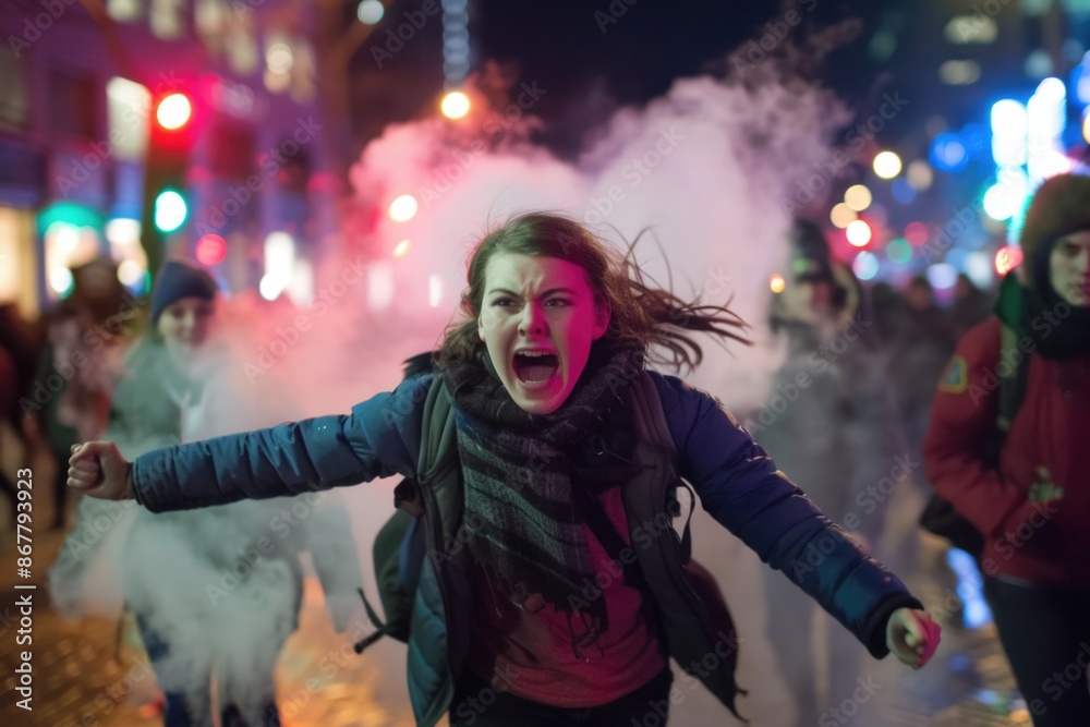 A woman screams as she runs through a smoke-filled street at night. The city lights are visible in the background A woman screams as she runs through a smoke-filled street at night. The city lights are visible in the background