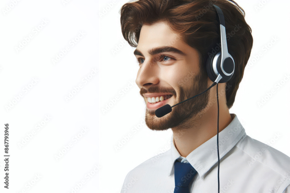 portrait of man with headphone, call center worker Isolated on white background portrait of man with headphone, call center worker Isolated on white background