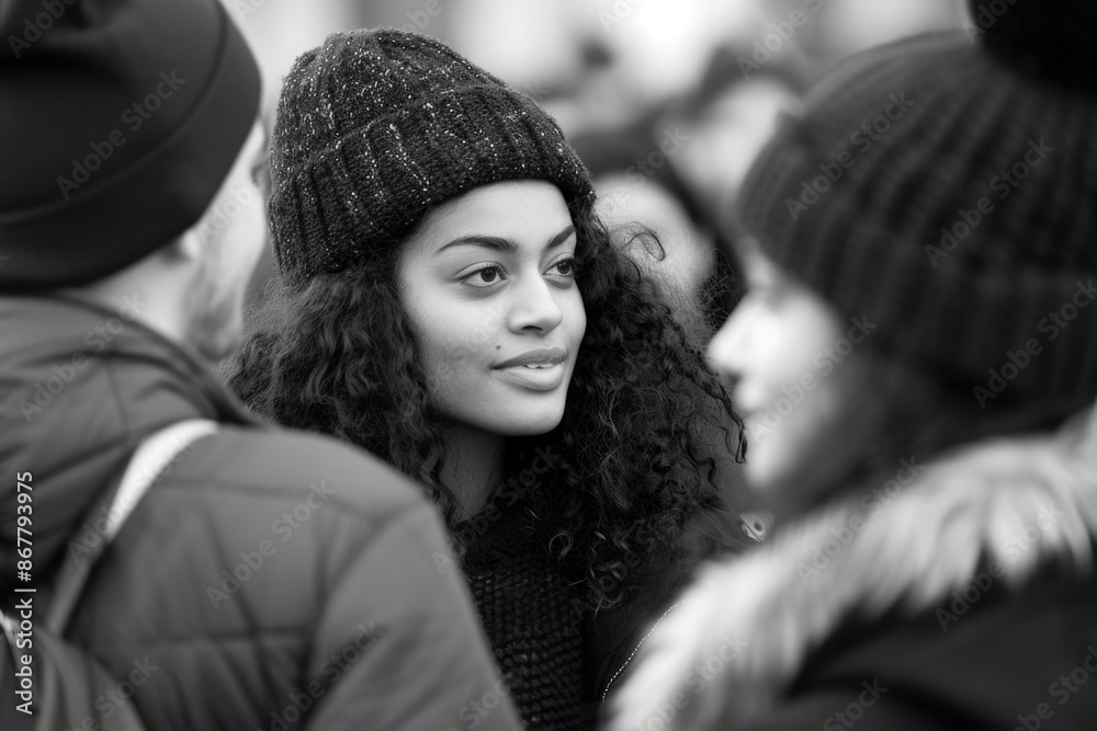 A young woman in a knit hat looks thoughtfully towards the left while surrounded by a crowd of people in winter attire A young woman in a knit hat looks thoughtfully towards the left while surrounded by a crowd of people in winter attire