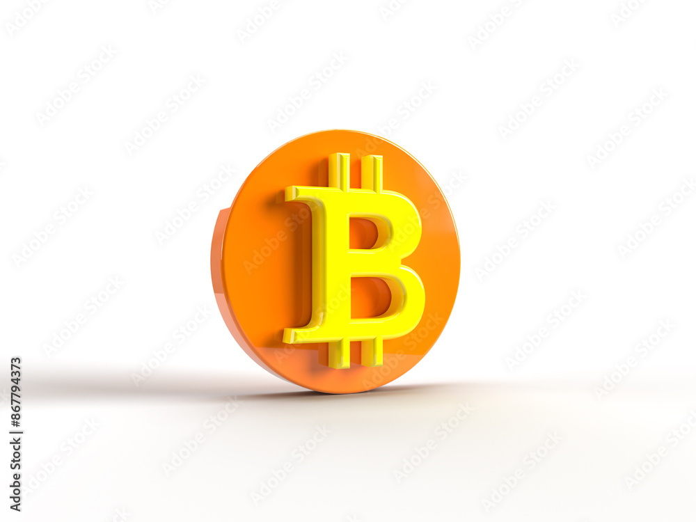 Yellow bitcoin symbol standing on an orange background representing cryptocurrency and financial investment Yellow bitcoin symbol standing on an orange background representing cryptocurrency and financial investment