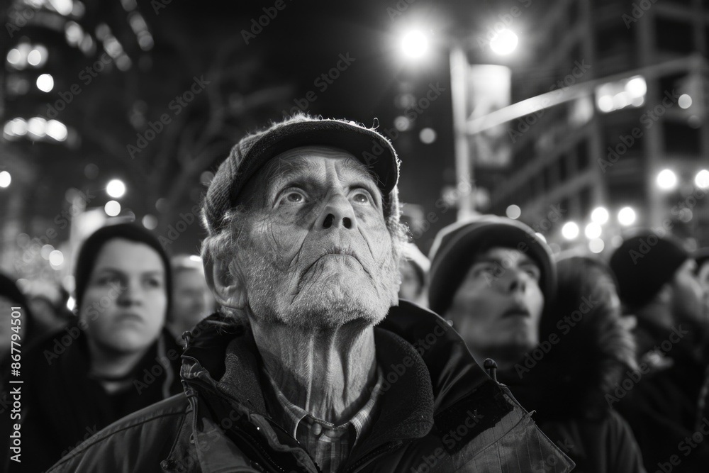 Fototapeta premium A man in a cap gazes upwards, his face illuminated by the city lights. He is surrounded by a crowd of people, also looking up