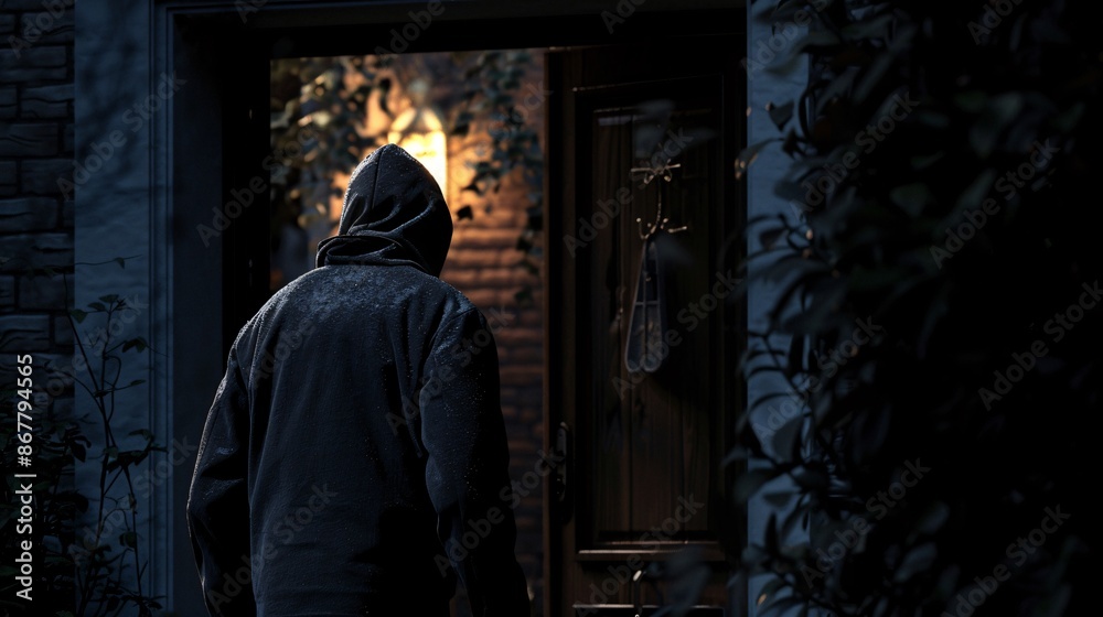 Burglar wearing a hood and mask, carefully walking towards a house and opening the door in the dark Burglar wearing a hood and mask, carefully walking towards a house and opening the door in the dark