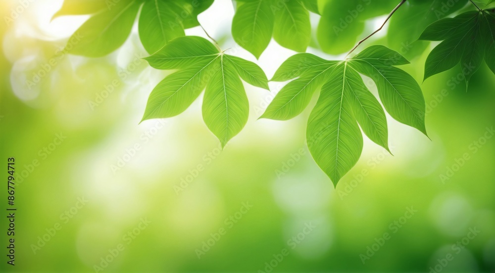 Obraz premium Sun shining through fresh green leaves on a branch
